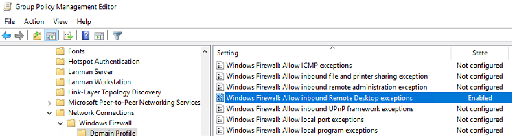 параметр GPO для разрешения RDP трафика - Windows Firewall: Allow inbound Remote Desktop Exceptions 
