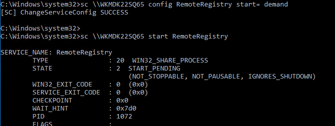 sc - включить службу RemoteRegistry из командной строки