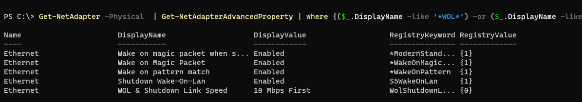PowerShell проверить что WOL включен