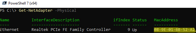 Get-NetAdapter -Physical - узнать MAC адрес компьютера