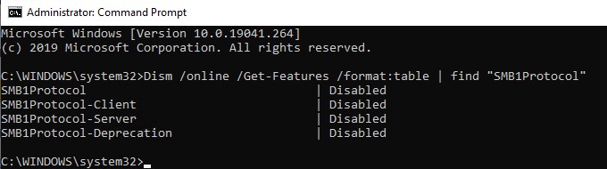 dism проверить что протокола SMB1Protocol установлен в windows 10