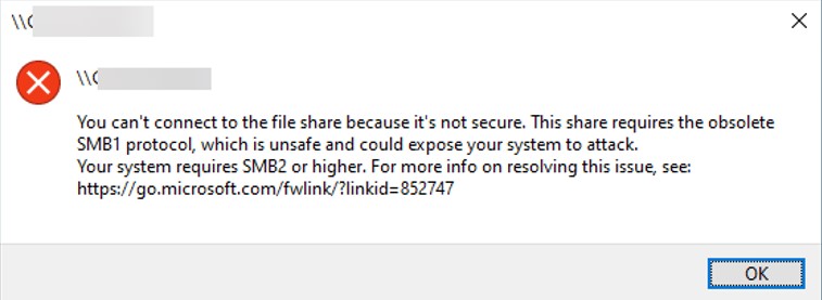ошибки доступа по smb1 в Windows 10