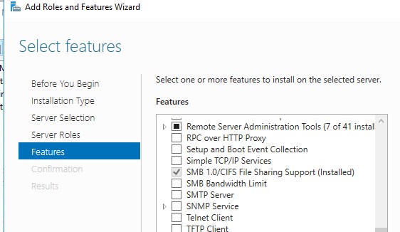 компонент SMB 1.0/CIFS File Sharing Support в Windows Server 2016