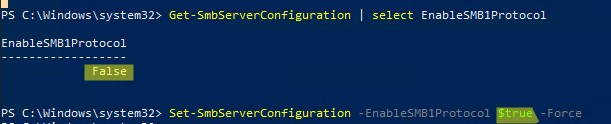 Set-SmbServerConfiguration команда EnableSMB1Protocol