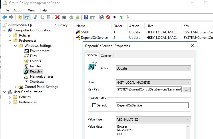 групповая политика отключения службы SMBv1 клиента