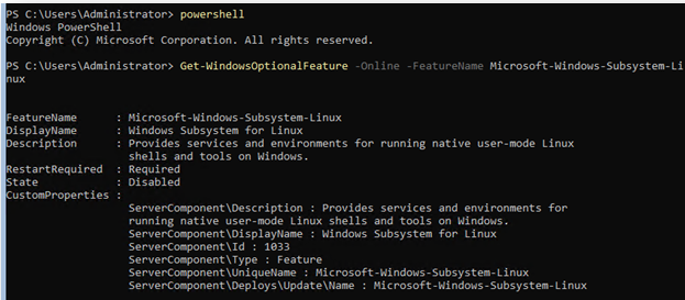 Get-WindowsOptionalFeature -Online -FeatureName Microsoft-Windows-Subsystem-Linux 