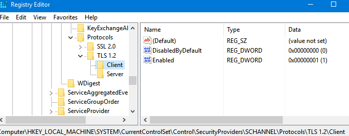 включить TLS 1.2 в реестре windows