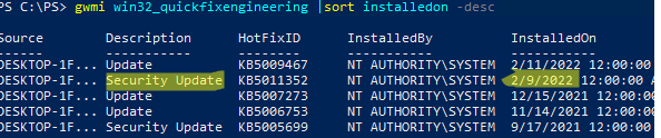 powershell gwmi win32_quickfixengineering вывести дату последней установки обновления windows