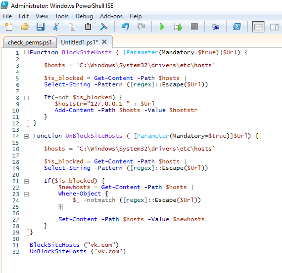 powershell - функция блокировки сайтов в файле hosts
