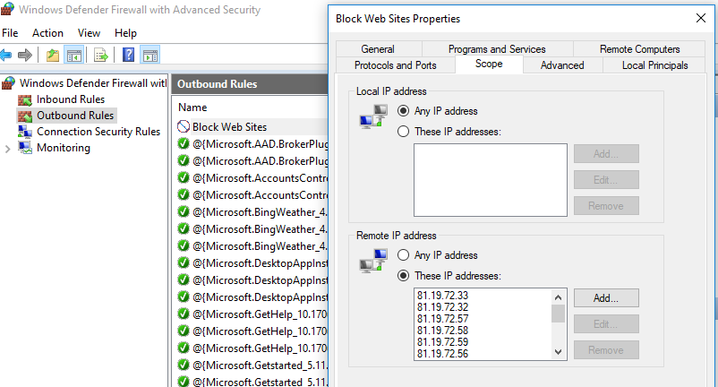 block web sites правило в консоли windows defender firewall