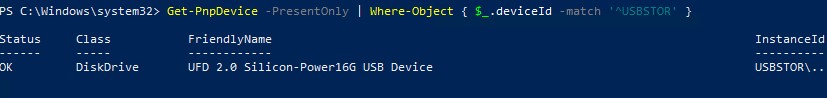 powershell вывести подключенные usb диски в windows