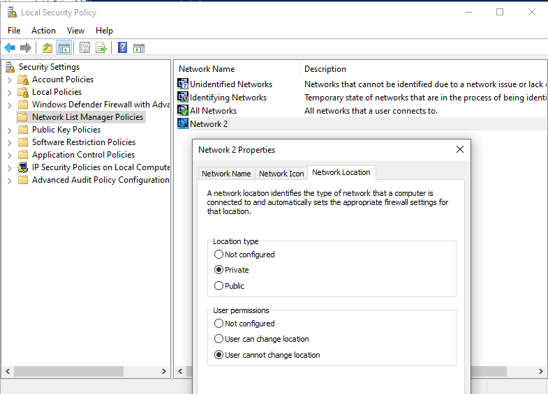Network List Manager Policies задать тип сети в windows 10 через политику безопасности