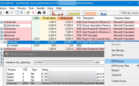 process explorer завершить процесс vmwp зависшей виртуальонй машины hyper-v