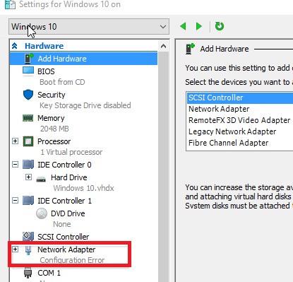 hyper v сетевая карта с configuration error