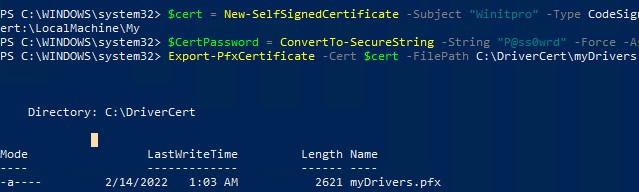 powershell создать сертфикат типа code signing для подписи драйвера