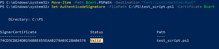используем командлет Set-AuthenticodeSignature чтобы подписать файл с powershell скриптом