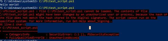 ошибка при запуске модифицированного powershell скрипта The contents of file have been changed