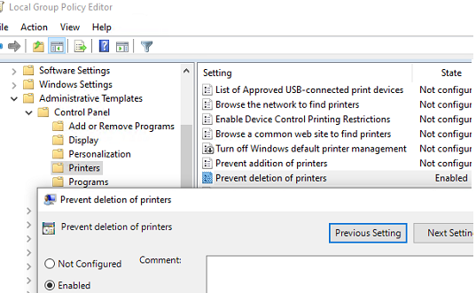 групповая политика запрещает удаление принтера