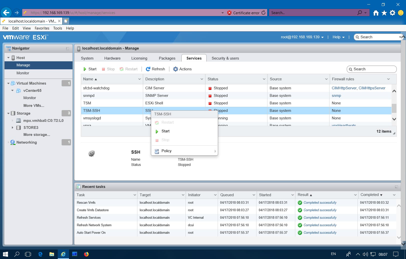 включить ssh на esxi хосте