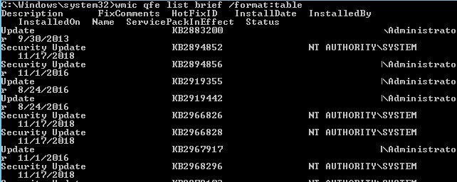 wmic qfe list brief команда для вывод всех установленных обновлений Windows на компьютереvyvesti-spisok-obnovleniy