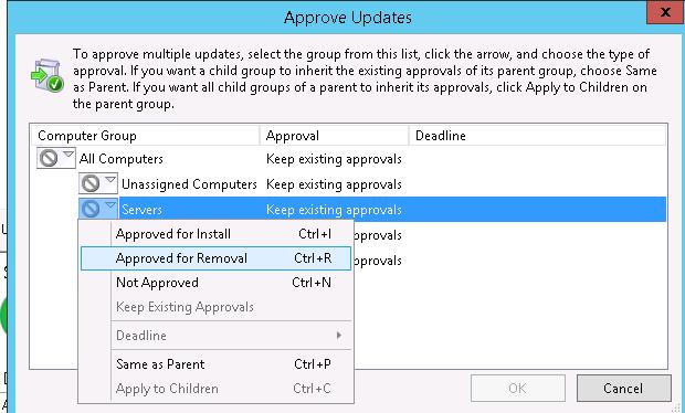 WSUS - одобрить обновление к удалению