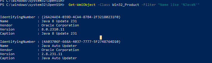 wmi фильтр для вывода установленных версий java