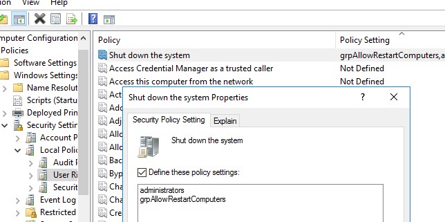групповая политика разрешить перезагрузку windows