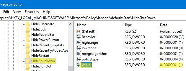 параметр реестр HideShutDown