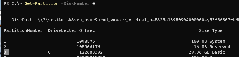 Get-Partition размеры разделов в windows