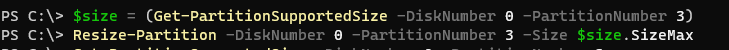 Resize-Partition увеличить раздел с помощью PowerShell