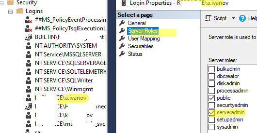 предоставить роль sysadmin для пользователя windows в sql