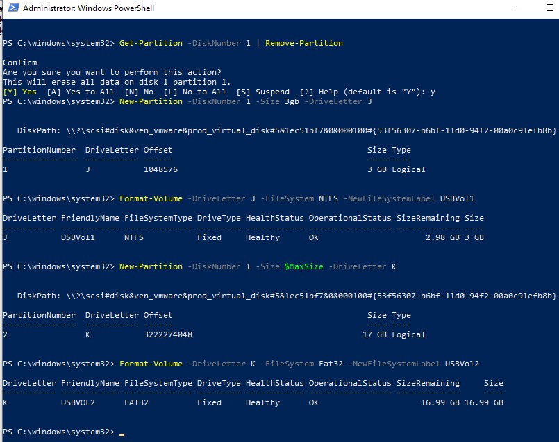 powershell создать второй раздел на usb флешке в win 10