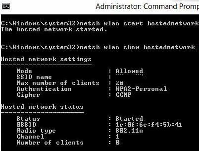 Netsh wlan show hostednetwork - настройки размещенной сети