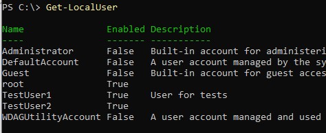 команда powershell get-localuser: вывести локальных пользователей 