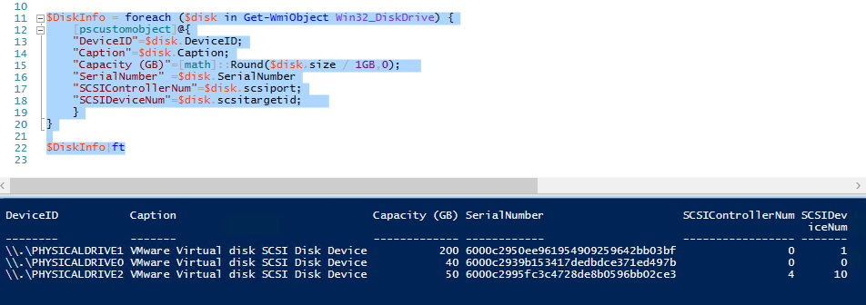 Get-WmiObject Win32_DiskDrive - получить serialnumber для дисков в Windows и SCSI Target