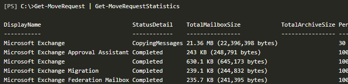 Get-MoveRequest | Get-MoveRequestStatistics статус переноса ящиков между базами