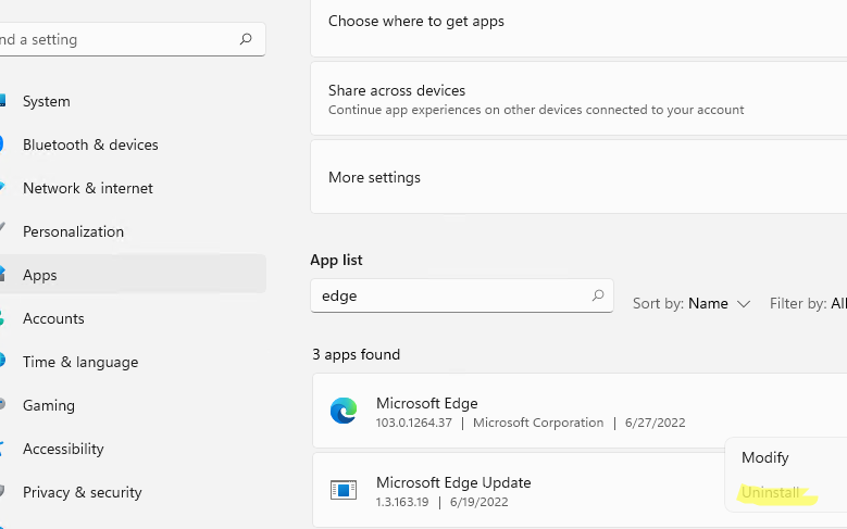 нельзя удалить браузер Microsoft Edge в Windows 11