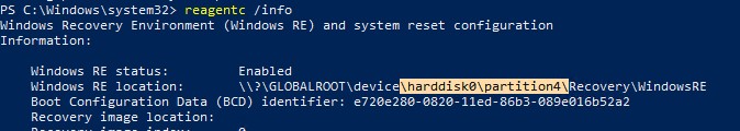 reagent info - вывести информацию о разделе со средой восстановления windows 