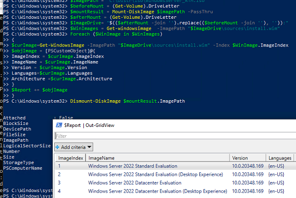 poweshell скрипт для получения списка образов и редакций Windows в ISO файле