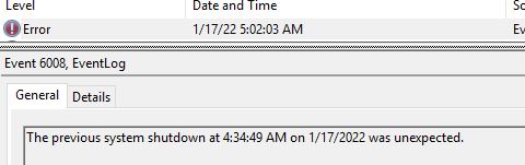 EventID 6008 The previous system shutdown was unexpected.