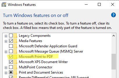 Установка компонента microsoft print to pdf в Windows