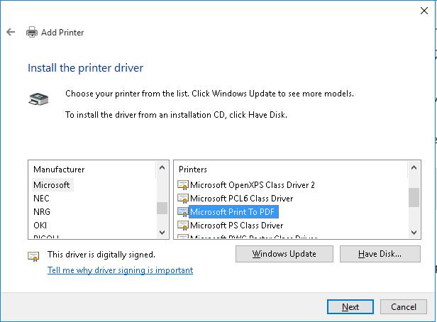 Установка драйвера Microsoft Print to PDF