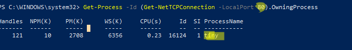 powershell найти процесс, который слушает TCP порт