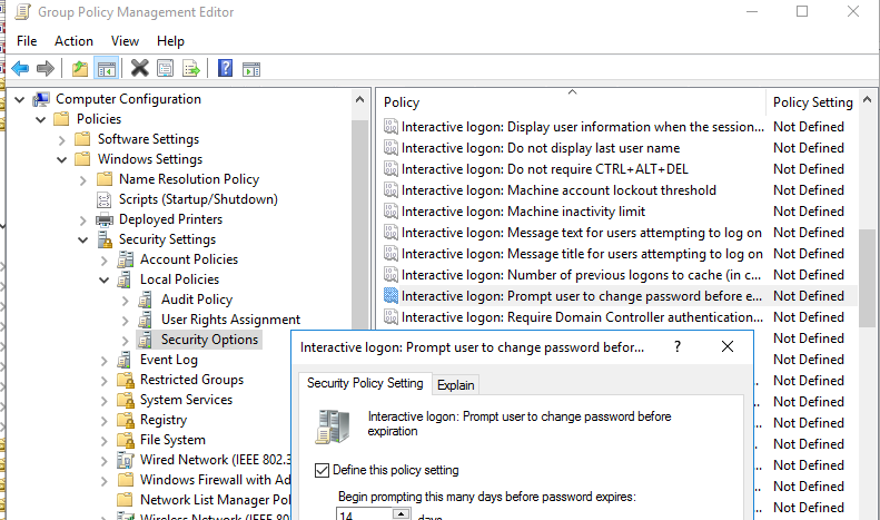 политика уведомления о неоходимости смены пароля Interactive logon: Prompt user to change password before expiration 