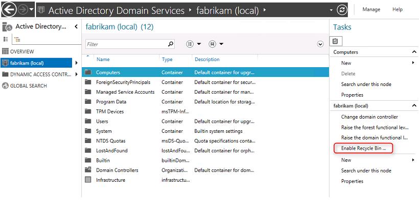 Включить корзину AD в Windows Server 2012