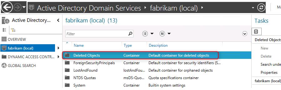 OU Deleted Objects в Windows 2012