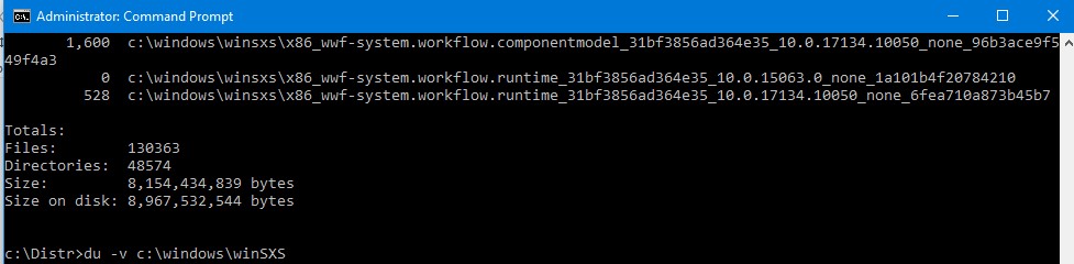 получить реальный размер каталога winsxs с помощью утилиты du.exe