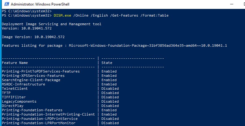 windows 10 dism get-features список установленных компонентов
