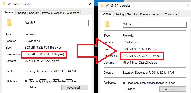 уменьшить размер каталога winsxs в windows10 с помощью сжатия