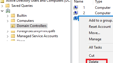 удалить учетную запись контроллера домена из OU Domain controllers